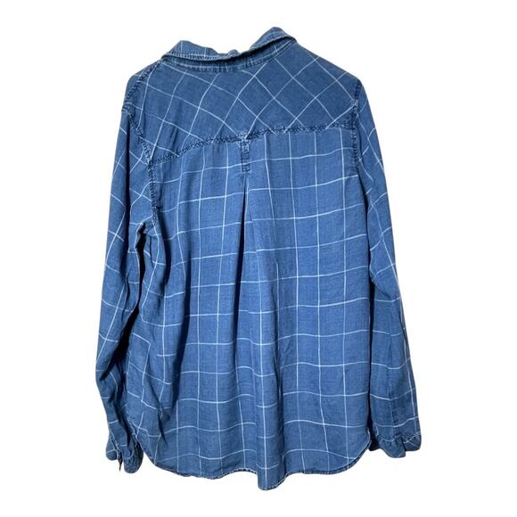 Anthropologie Cloth and Stone Button Front Shirt Top Plaid Blue Large V-Neck - Picture 2 of 5